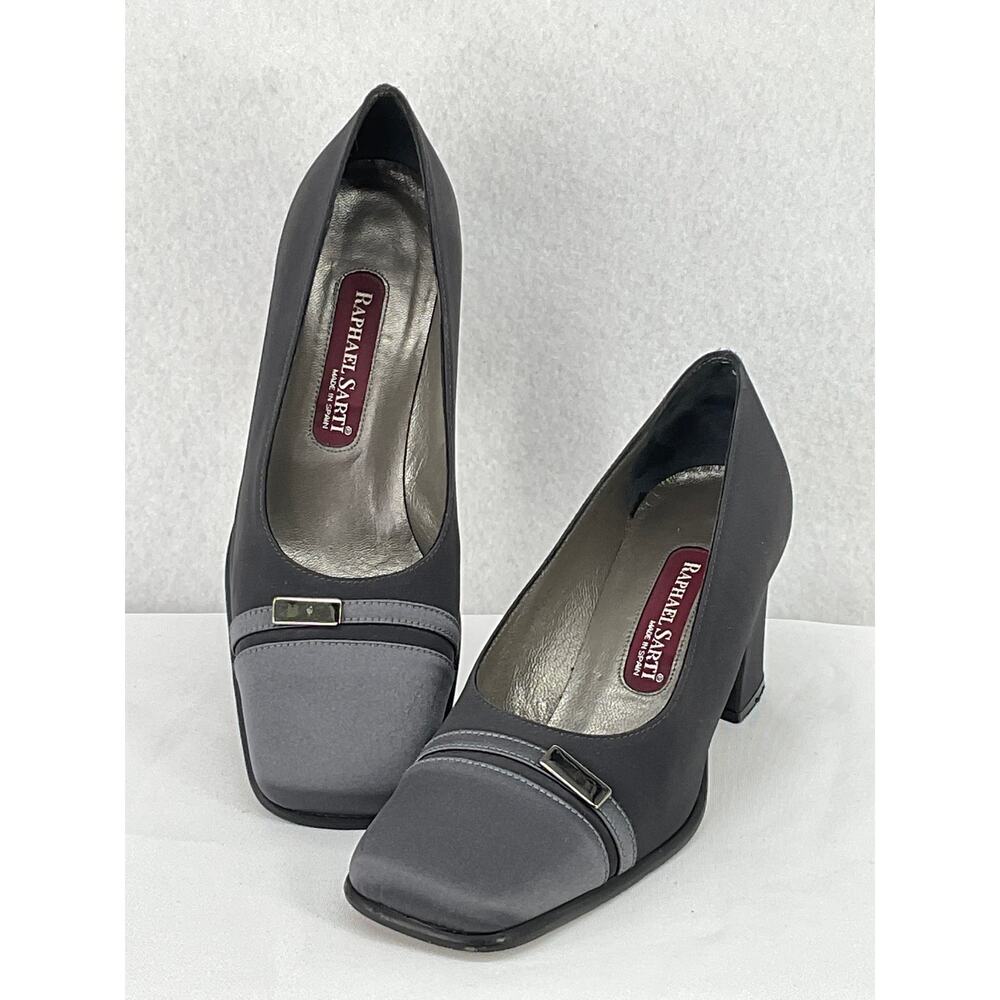 Raphael Sarti Gray Square Toe Satin Block Heel Pumps 7M